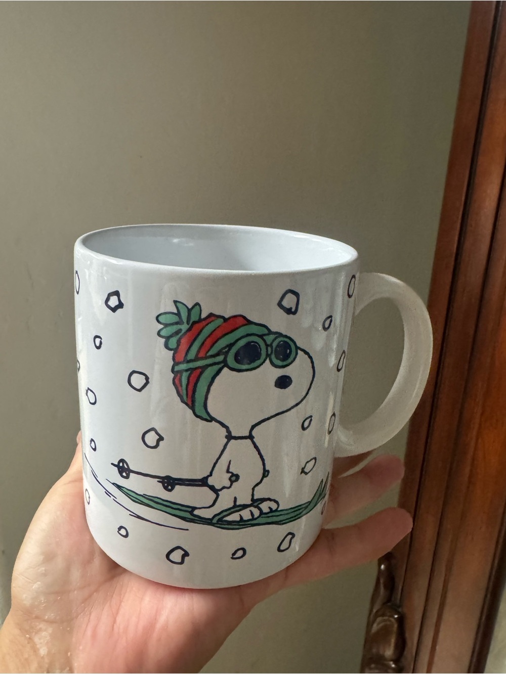 Peanuts White Ceramic Mug with Snoopy Winter Design (Green, Red, Black)